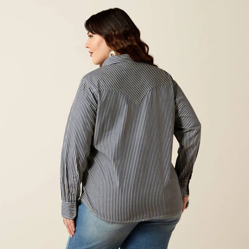 Ariat Ladies Railroad Stripe Snap LS Shirt - Indigo Stripe-4