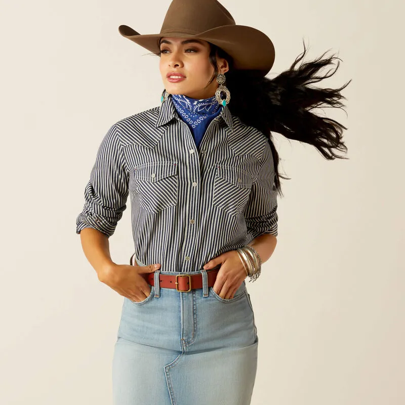 Ariat Ladies Railroad Stripe Snap LS Shirt - Indigo Stripe-1