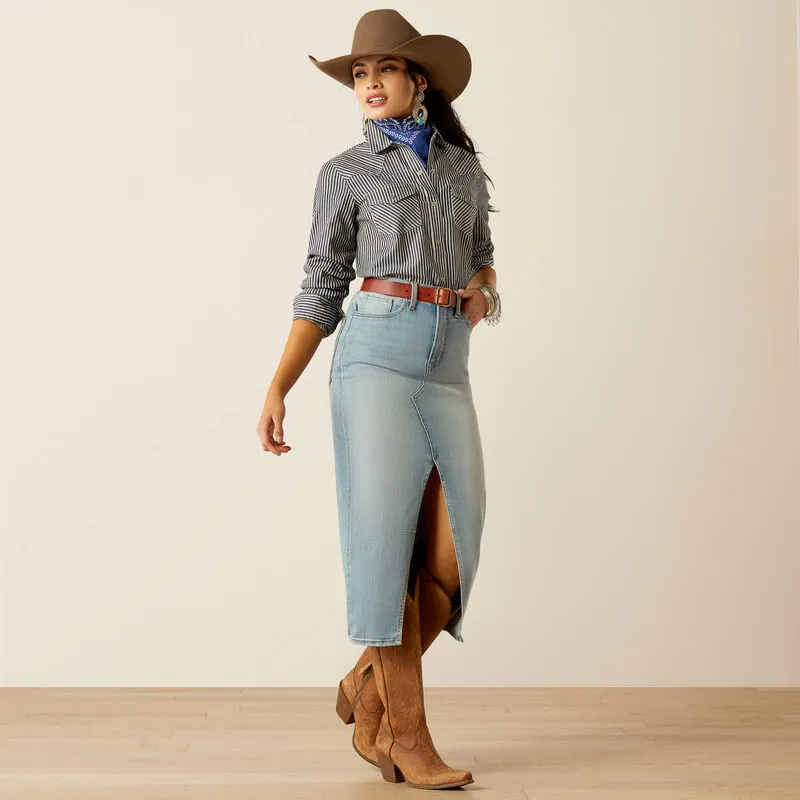 Ariat Ladies Railroad Stripe Snap LS Shirt - Indigo Stripe-3