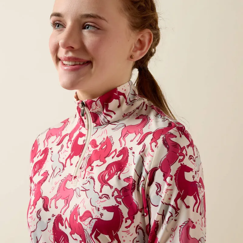 Ariat Youth Lunaveil 1/4 Zip Baselayer - Vanilla Horsin' Around Print-3