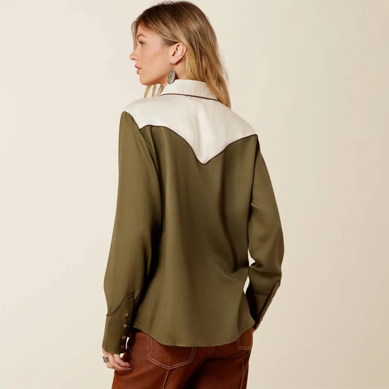 Ariat Ladies Bellamy Long Sleeve Snap Shirt-  Ivy Green/ Parchment-1