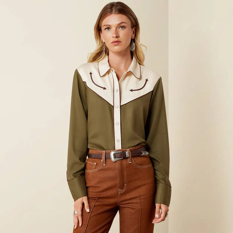 Ariat Ladies Bellamy Long Sleeve Snap Shirt-  Ivy Green/ Parchment