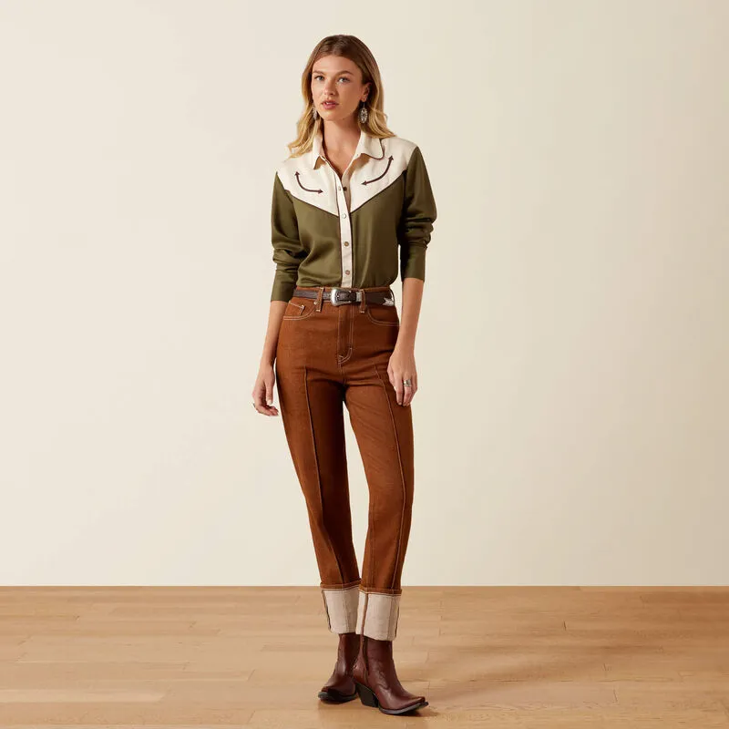 Ariat Ladies Bellamy Long Sleeve Snap Shirt-  Ivy Green/ Parchment-2