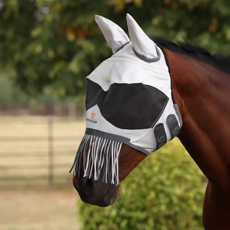 Shires FlyGuard Pro Sun Shade Fly Mask With Ears and Nose Fringe - White