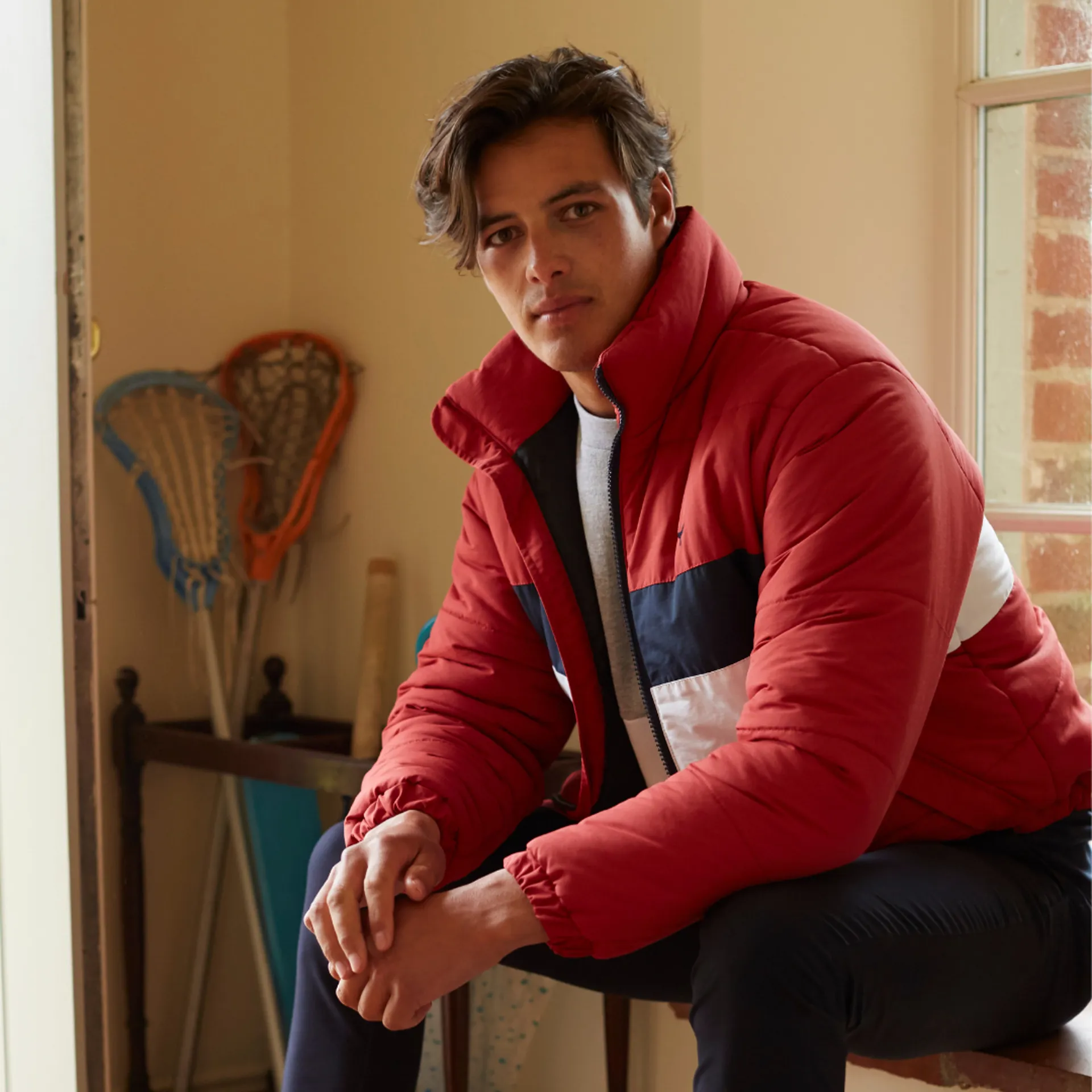 Blue red and white puffer jacket shop