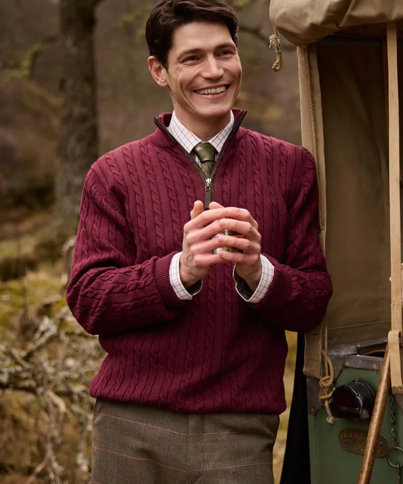 Schoffel Calton Cotton Cashmere Cable 1/4 Zip Jumper - Burgundy-3