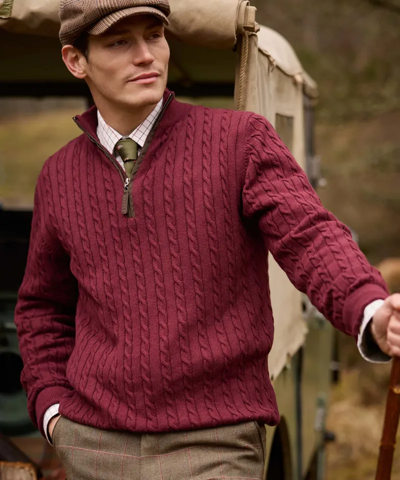 Schoffel Calton Cotton Cashmere Cable 1/4 Zip Jumper - Burgundy-2