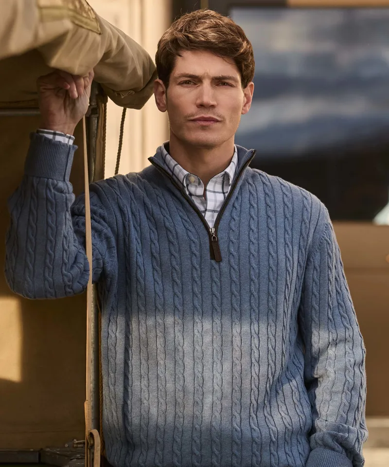 Schoffel Calton Cotton Cashmere Cable 1/4 Zip Jumper - Lake Blue-2