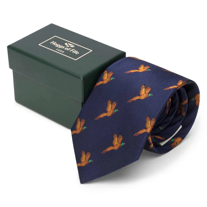 Hoggs Boxed Silk Tie With Pheasants - Navy-1