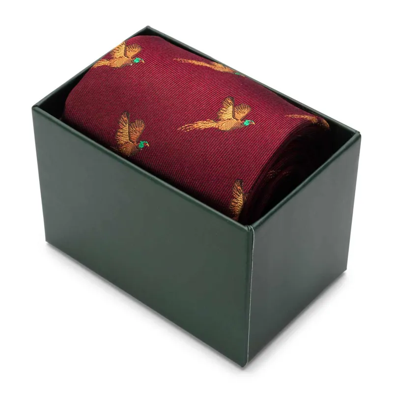 Hoggs Boxed Silk Tie With Pheasants - Wine-1