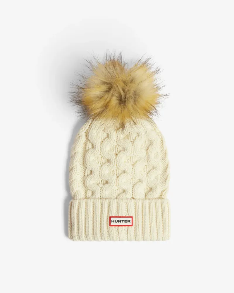 Hunter Cable Knit Fur Pom Beanie and Scarf Box Set - Antique White-1
