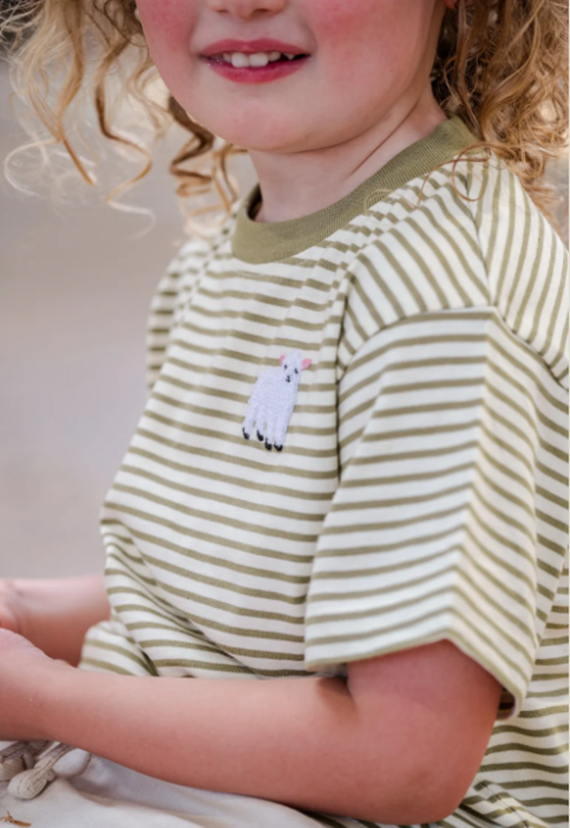 Sew Aneira Striped Lamb Embroidered Tshirt - Green Stripe