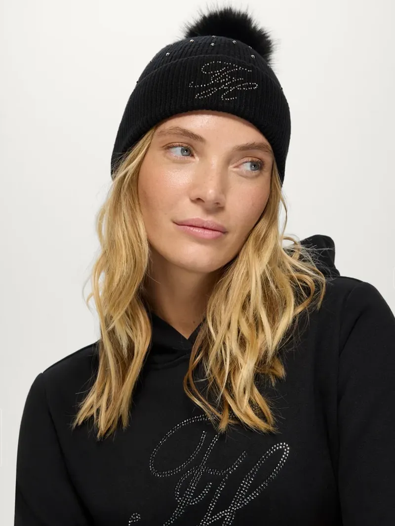 Tommy Hilfiger Daly Women Rhinestone Pom Pom Beanie - Black-1