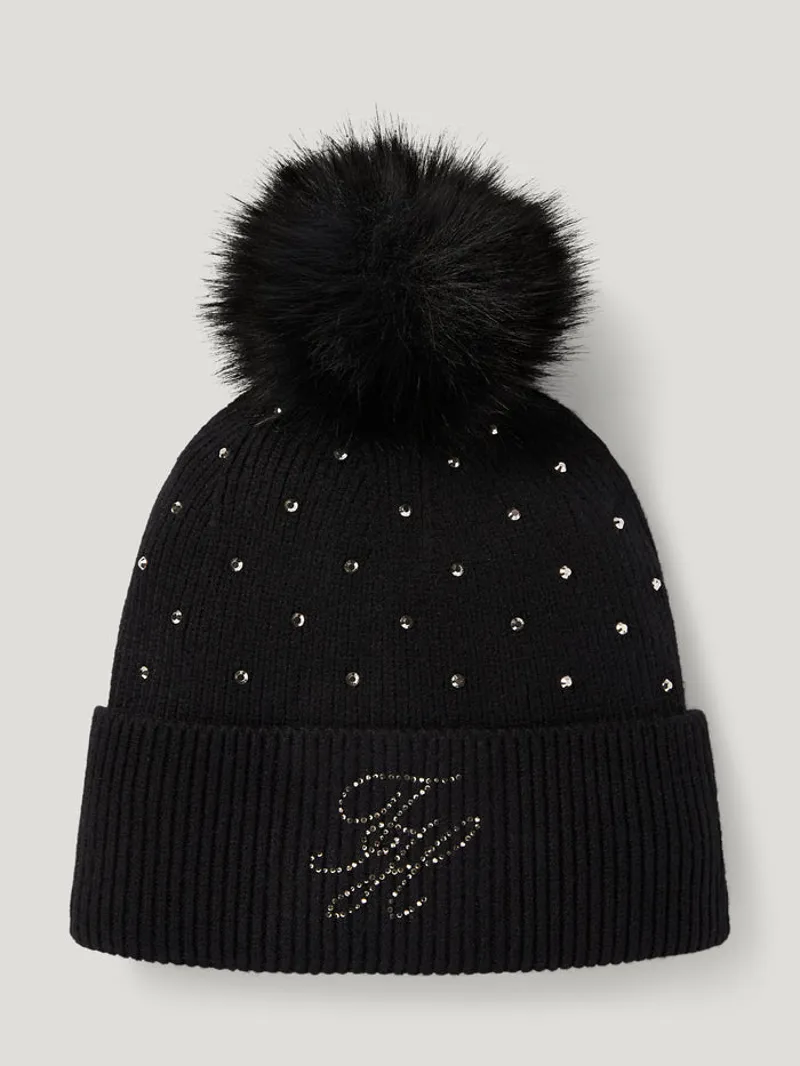 Tommy Hilfiger Daly Women Rhinestone Pom Pom Beanie - Black