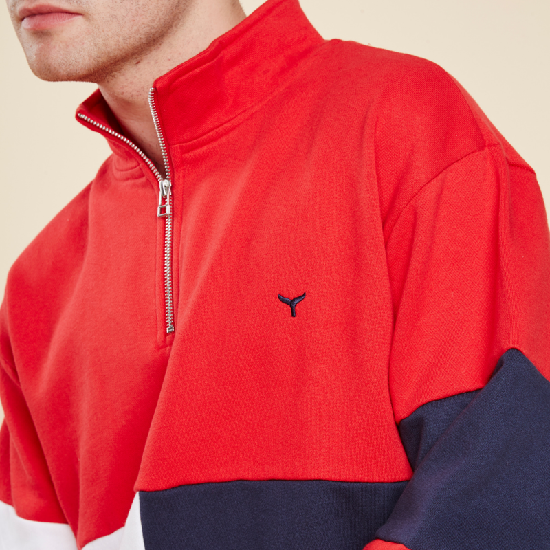 Whale Of A Time Norfolk Quarter Zip Sweatshirt - Red/Navy/ White-1