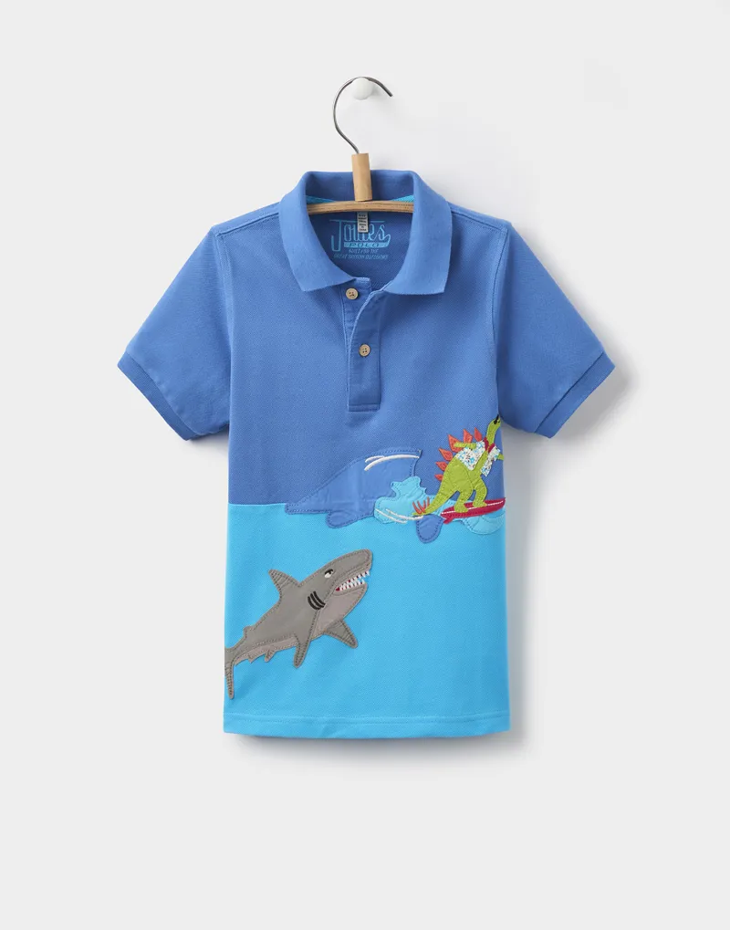 Joules Moe Character Polo - Blue Surfing Dinosaur