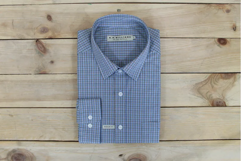 R.M.Williams Collins Shirt Regular Fit - Blue/Brown/Navy Poplin Check