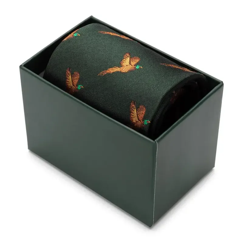Hoggs Boxed Silk Tie With Pheasants - Green-2