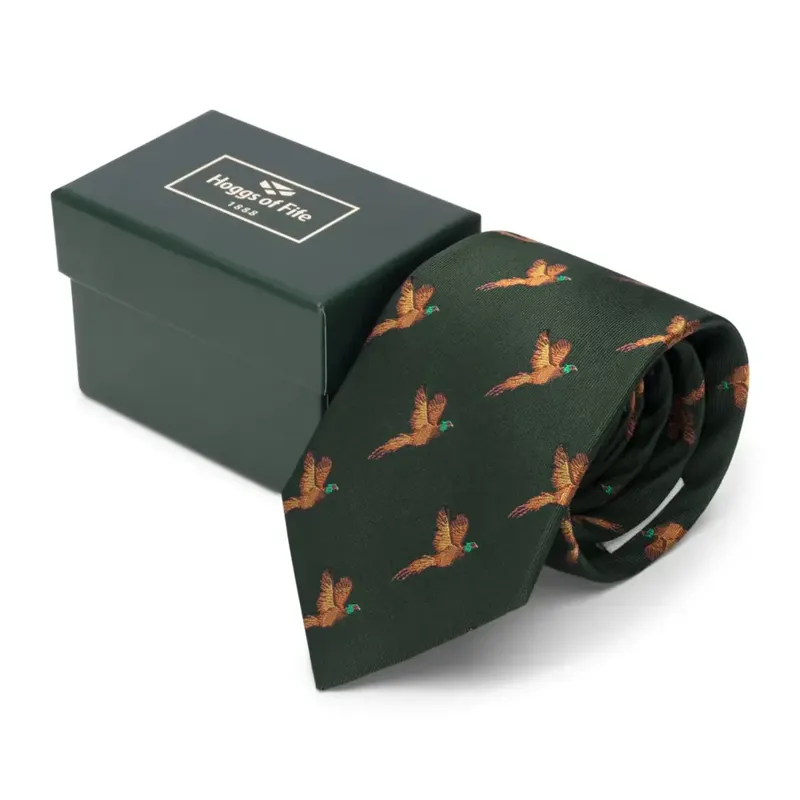 Hoggs Boxed Silk Tie With Pheasants - Green-1