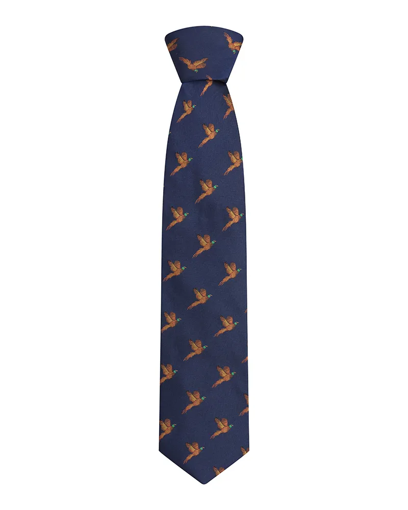 Hoggs Boxed Silk Tie With Pheasants - Navy