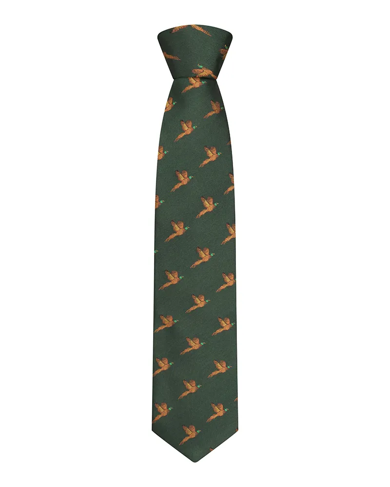 Hoggs Boxed Silk Tie With Pheasants - Green