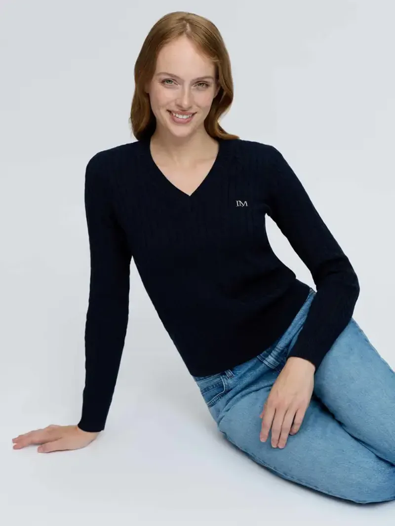 LeMieux Cora Cable V-Neck Knit Jumper - Navy-3