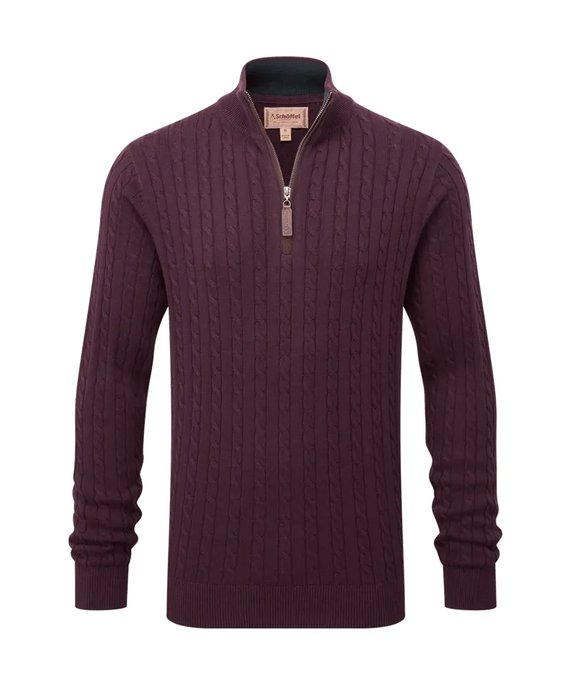 Schoffel Calton Cotton Cashmere Cable 1/4 Zip Jumper - Wine-1