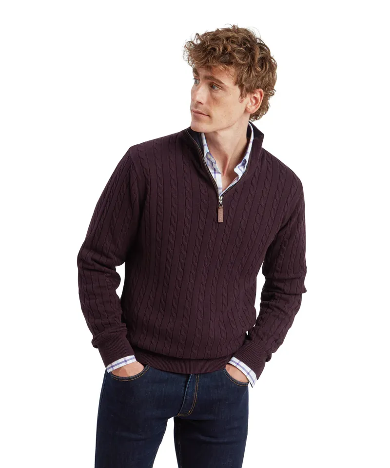 Schoffel Calton Cotton Cashmere Cable 1/4 Zip Jumper - Wine-4