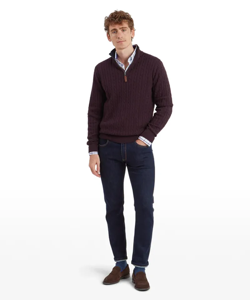 Schoffel Calton Cotton Cashmere Cable 1/4 Zip Jumper - Wine