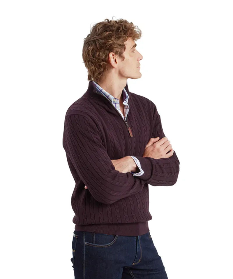 Schoffel Calton Cotton Cashmere Cable 1/4 Zip Jumper - Wine-5