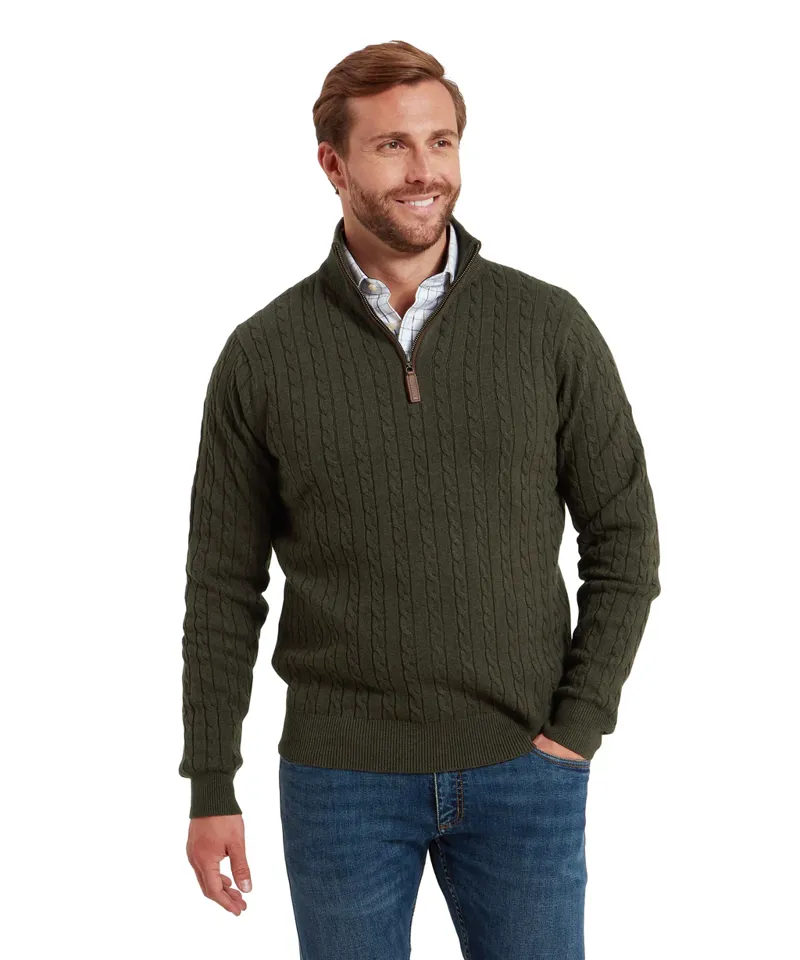 Schoffel Calton Cotton Cashmere Cable 1/4 Zip Jumper - Loden Green