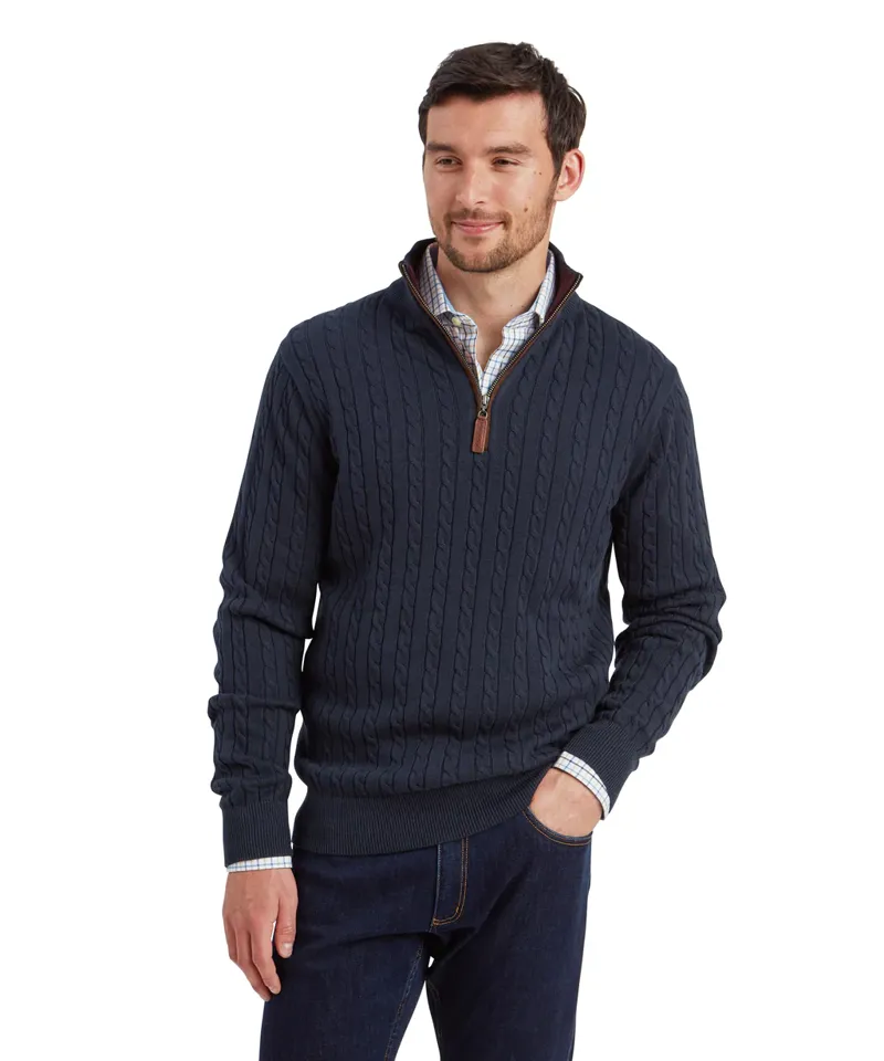 Schoffel Calton Cotton Cashmere Cable 1/4 Zip Jumper - Petrol Blue