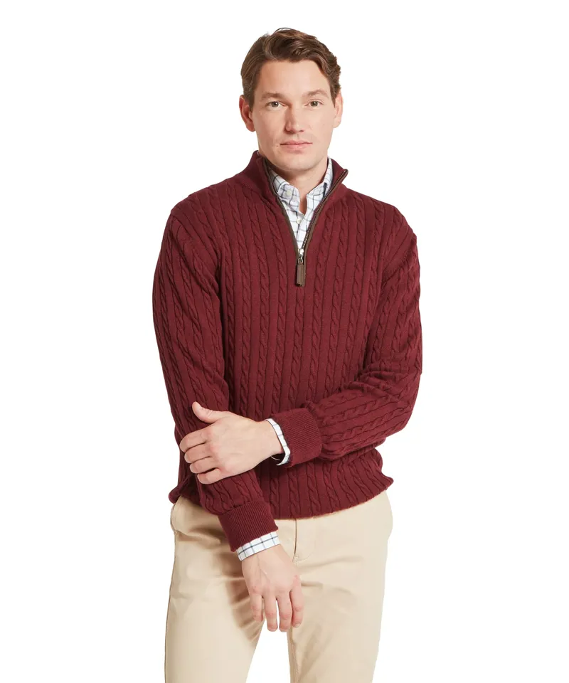Schoffel Calton Cotton Cashmere Cable 1/4 Zip Jumper - Burgundy