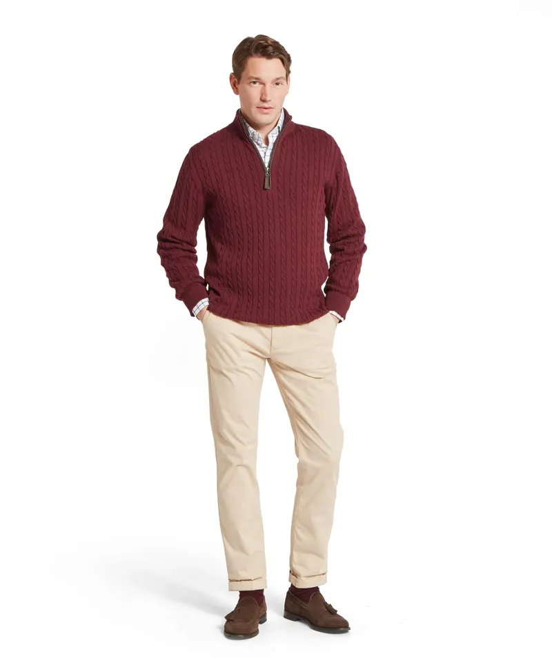 Schoffel Calton Cotton Cashmere Cable 1/4 Zip Jumper - Burgundy-1