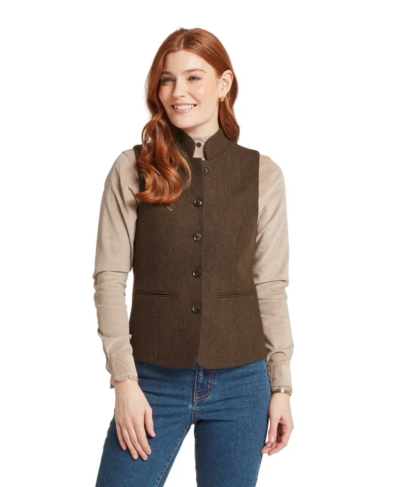 Schoffel Ladies Millport Tweed Nehru Waistcoat - Chocolate Herr. Tweed