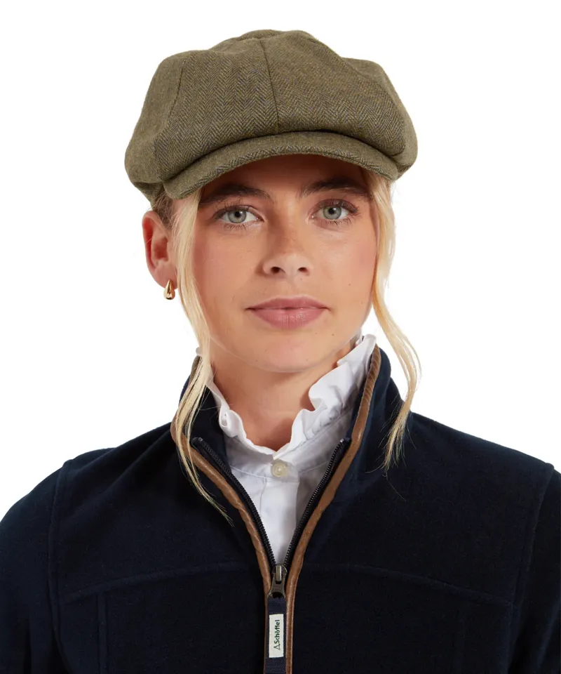 Schoffel Ladies Newsboy Cap - Loden Green Herringbone Tweed-1