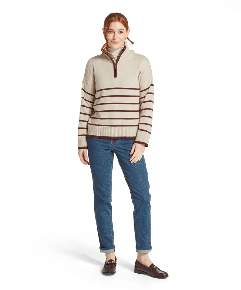 Schoffel Ladies Sandsend 1/4 Zip Jumper - Oatmeal / Port-1