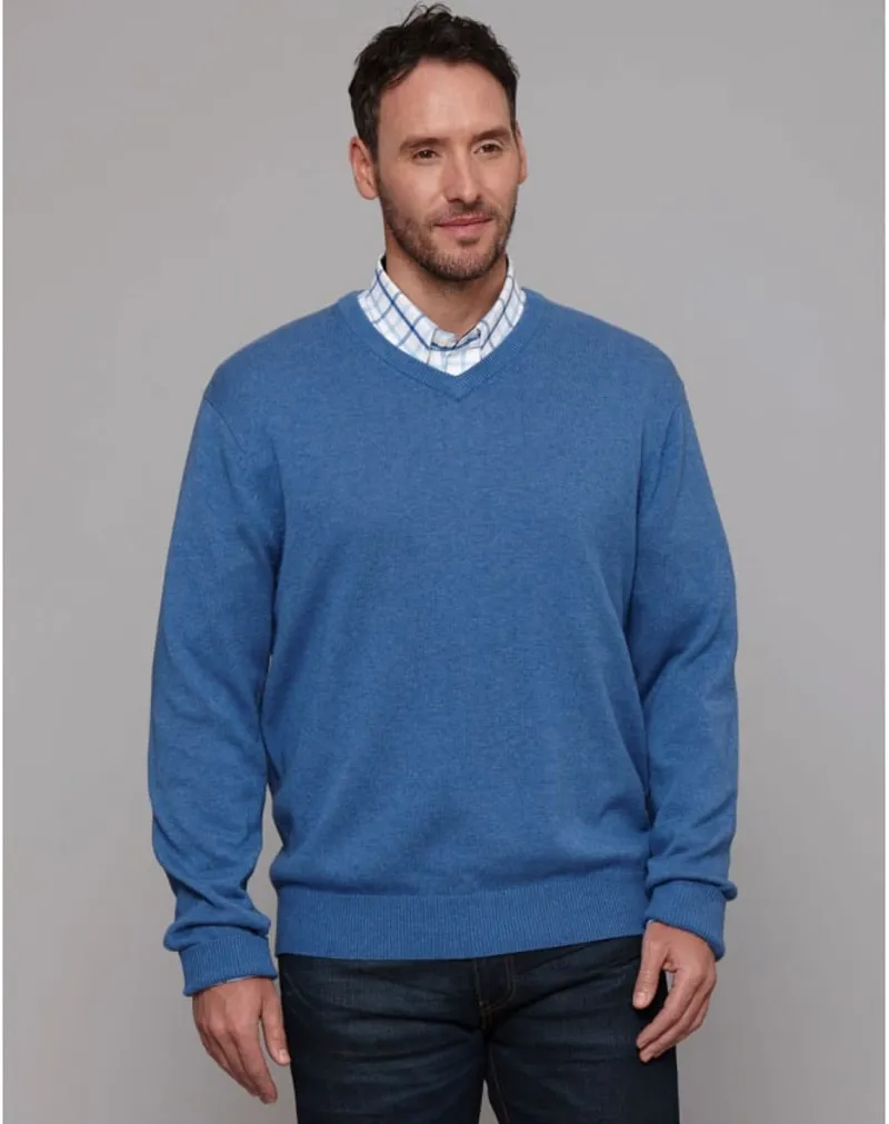 Schoffel Cotton/Cashmere V Neck Jumper - Denim Blue-1